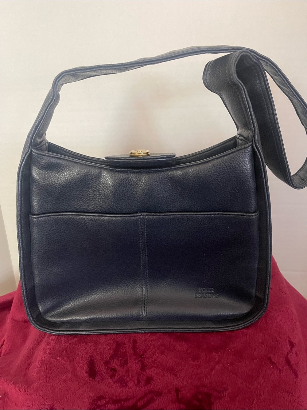Four Seasons Dark Navy Blue Leather Shoulder Bag w Gold Clasp.  Very Nice